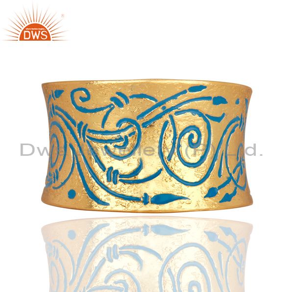 Womens designer inspired blue enamel cuff with 18k gold plated jewelry