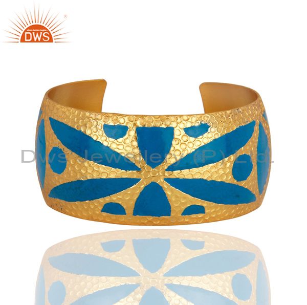 Handmade hammered 22k gold plated wide cuff bracelet bangle with enamel jewelry