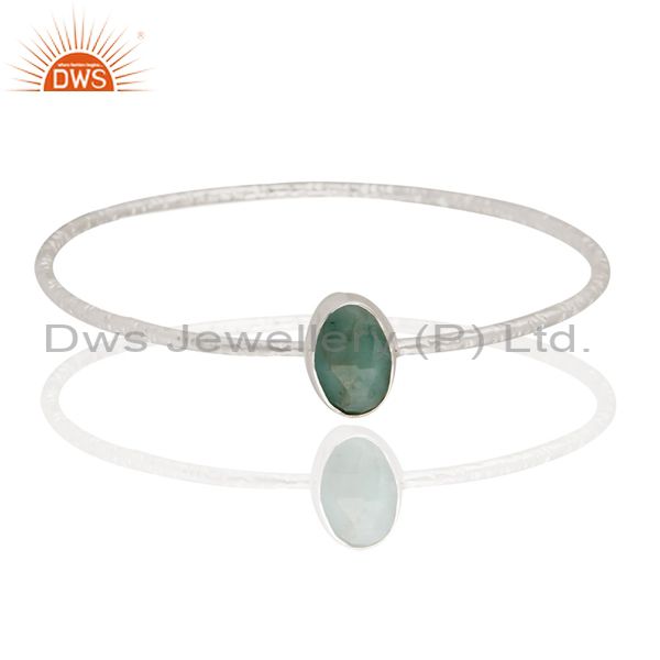 Handmade solid silver natural emerald gemstone stackable bangle
