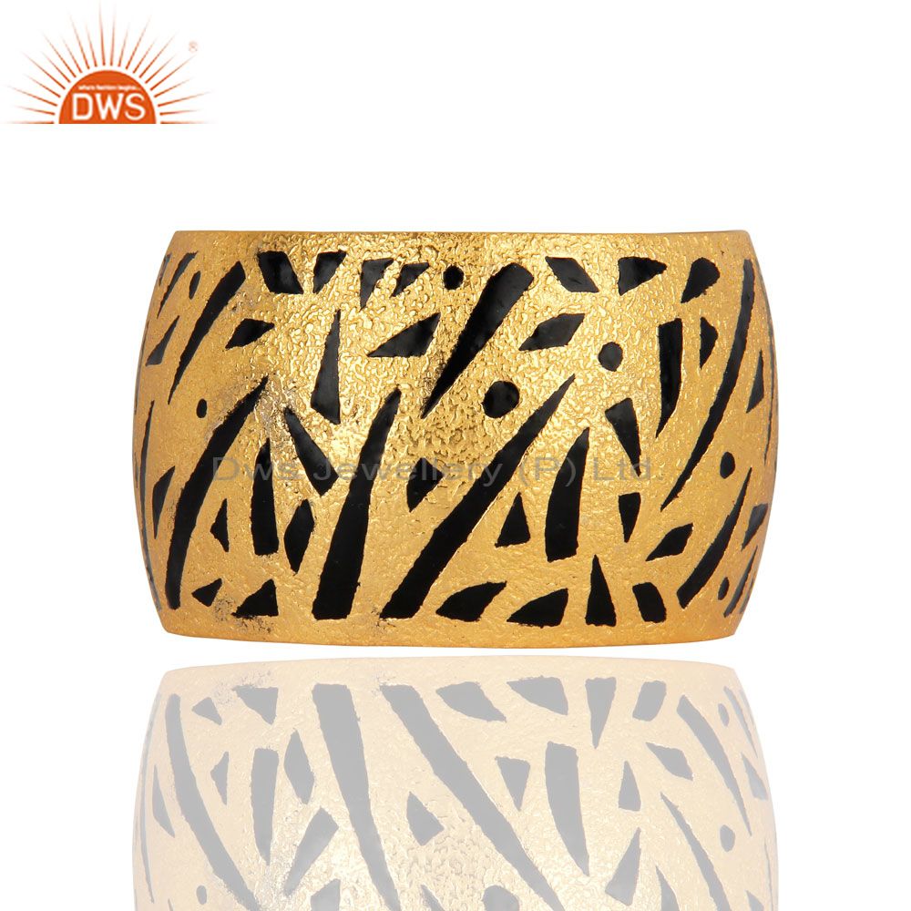22k yellow gold plated brass matte finish wide bangle cuff bracelet with enamel