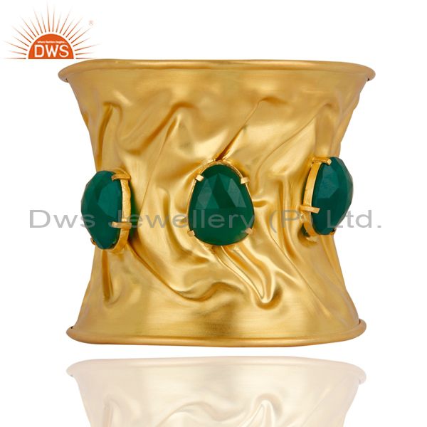 24k yellow gold plated brass green onyx handmade wide cuff bracelet bangle