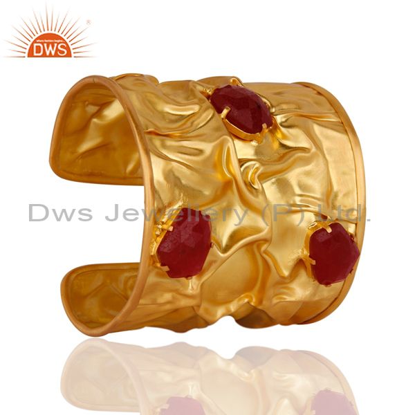 22k yellow gold plated brass red aventurine designer cuff bracelet wide bangle