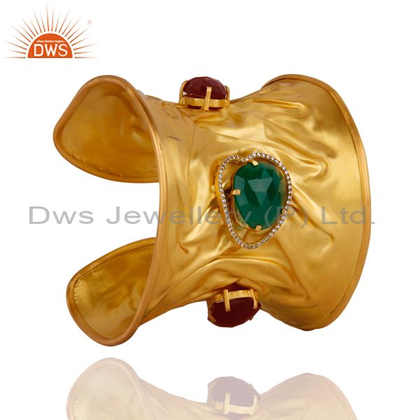 22k yellow gold plated brass red aventurine and green onyx wide cuff bracelet