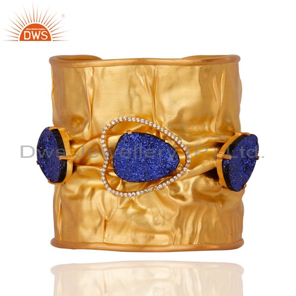 24k yellow gold plated brass blue druzy agate designer cuff bangle with cz