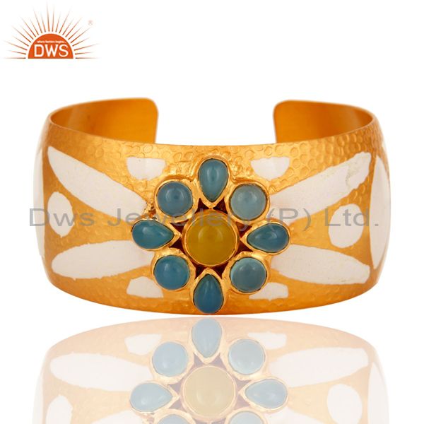 18k yellow gold plated over brass wide bangle cuff bracelet with enamel work