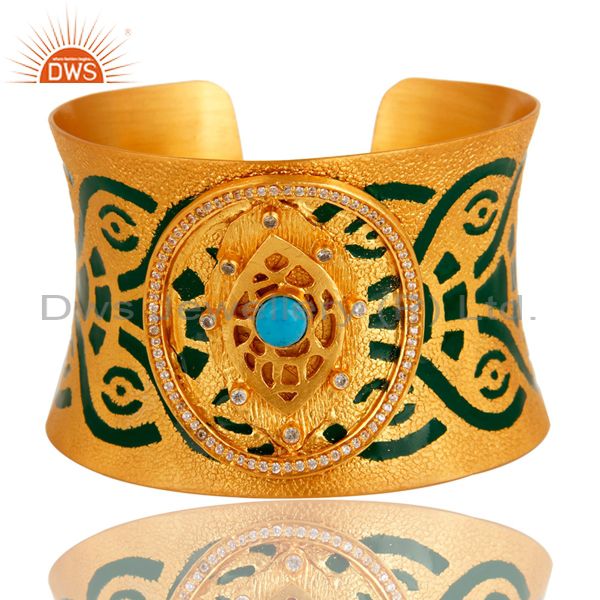 18k gold plated brass turquoise and cz handmade cuff bracelet with enamel paint