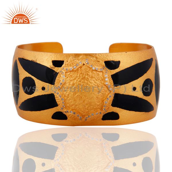 Hand-crafted white cubic zirconia gold plated cuff bracelet with enamel painted