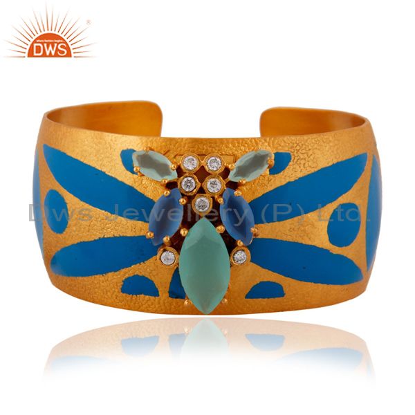 Aqua chalcedony and cz gold plated handcrafted cuff bracelet fashion jewelry