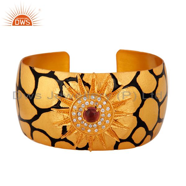 Ladies 18k gold plated handmade sun sign cuff bracelet with white zircon jewelry