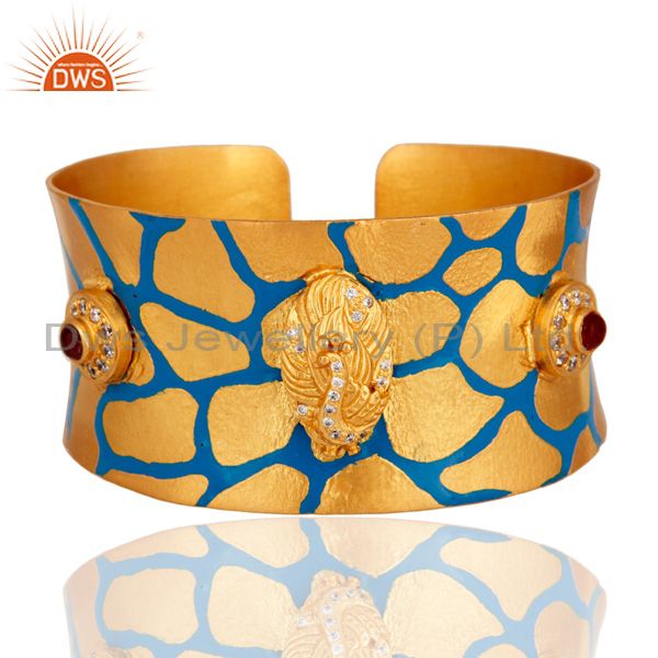 24-karat yellow gold plated cz hand-painted enamel womens cuff bracelets bangle