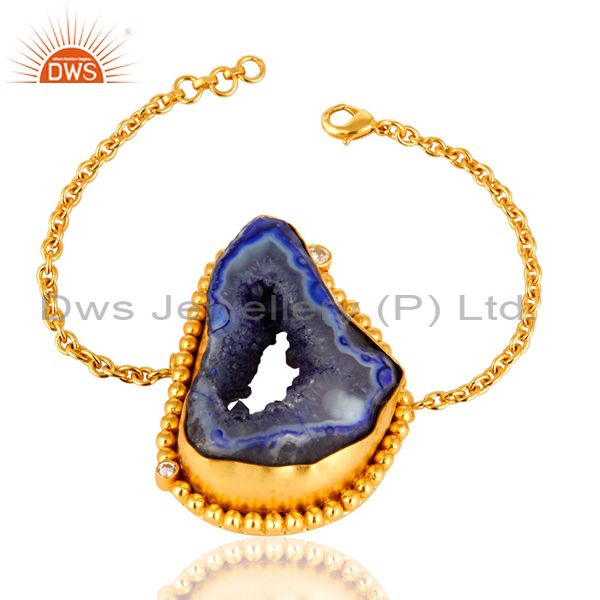 Handcrafted blue druzy agate slice geode yellow gold plated chain bracelet