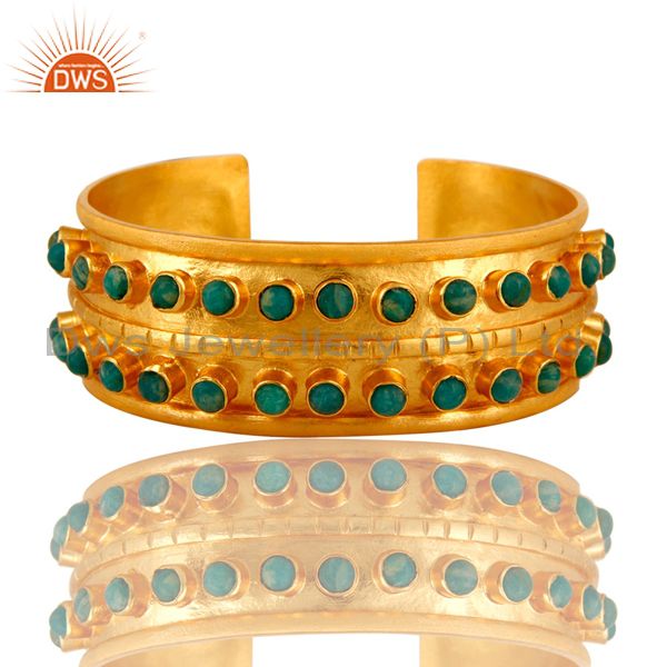 Handcrafted 22k yellow gold plated wide cuff bracelet bangle with amazonite