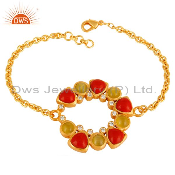 Natural yellow moonstone and coral designer gold plated chain bracelet