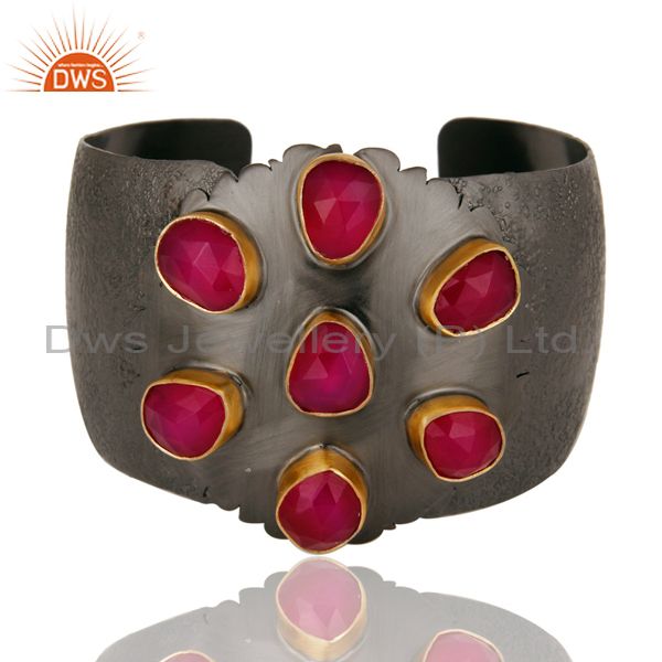 Pink chalcedony black oxidized handmade cuff fashion jewelry textured bangle