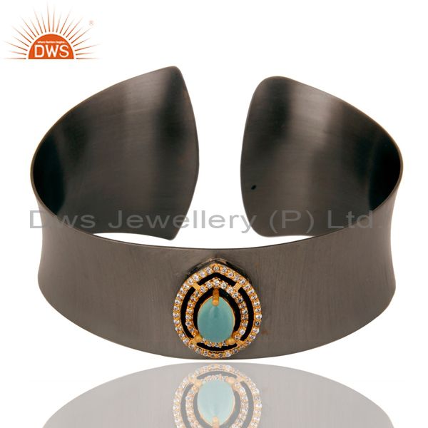 Black oxidized comfort fit wide cuff made with aqua chalcedony and zircon