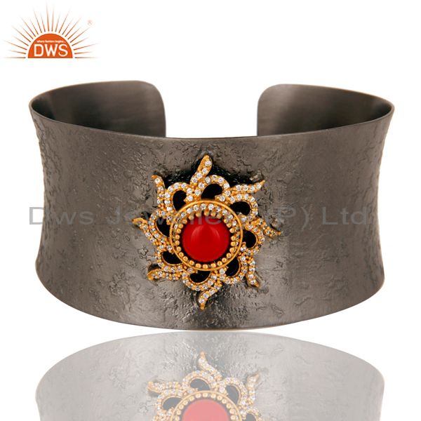 Black oxidized comfort fit wide cuff unique bangle with coral and zircon