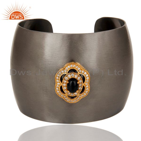Black oxidized black onyx and cz wide cuff handmade fashion jewelry bangle