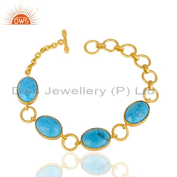 14k gold vermeil handmade natural turquoise adjustable bracelet made in brass