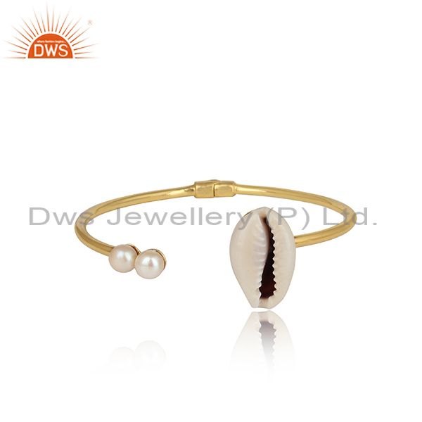 Cowrie And Pearl Facing Brass Gold Cuff