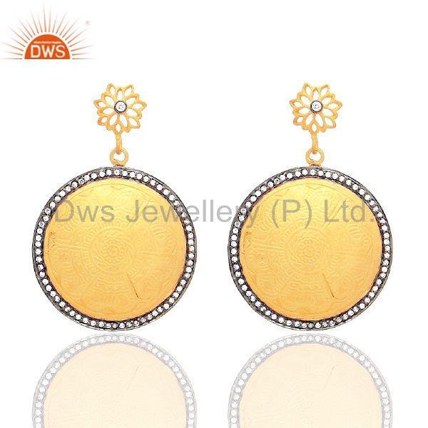 18K Yellow Gold Plated Sterling Silver Cubic Zirconia Designer Disc Earrings