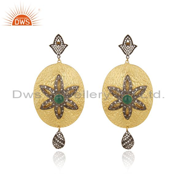 14K Gold Plated Green Onyx And CZ Antique Look Dangle Earrings