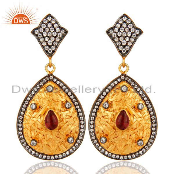 14K Yellow Gold Over Brass Pink Hydro Designer Earrings With CZ