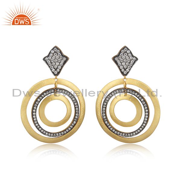 18k Gold Plated 925 Sterling Silver Matte Finish Textured White Zircon Earrings