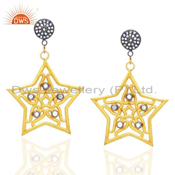 22K Yellow Gold Plated Brass White Cubic Zirconia Star Designer Dangle Earrings