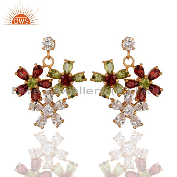 Garnet And Peridot 18K Yellow Gold Plated Designer Earrings With CZ
