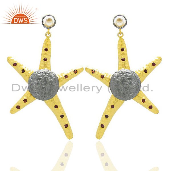 22K Yellow Gold Plated Brass Garnet Star Fish Designer Dangle Earrings