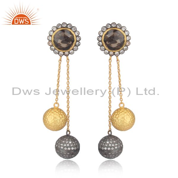 Smoky And Cz Set Gold On Sterling Silver Long Drop Earrings