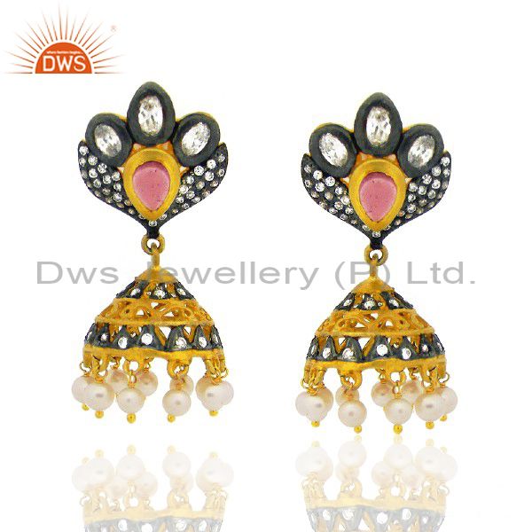 22K Yellow Gold Plated Brass Pink Glass & Cubic Zirconia Jhumka Dangle Earrings