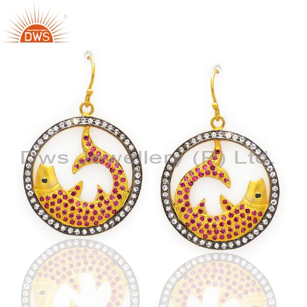 22K Yellow Gold Plated Sterling Silver Cubic Zirconia Fish Design Dangle Earring