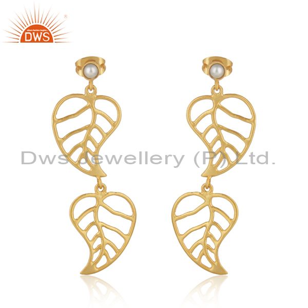 18K Yellow Gold Plated Sterling Silver Pearl Leaf Designer Dangle Earrings