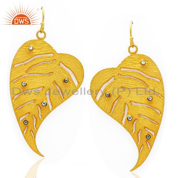 22K Yellow Gold Plated Brass Cubic Zirconia Leaf Design Filigree Dangle Earrings