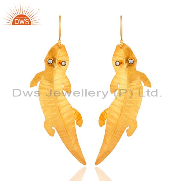 Handmade 18K Yellow Gold Plated CZ Gecko Lizard Design Dangle Earrings