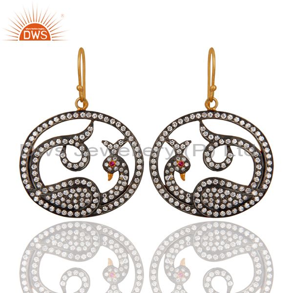 18K Yellow Gold Plated Cubic Zirconia Accent Peacock Designer Fashion Earrings