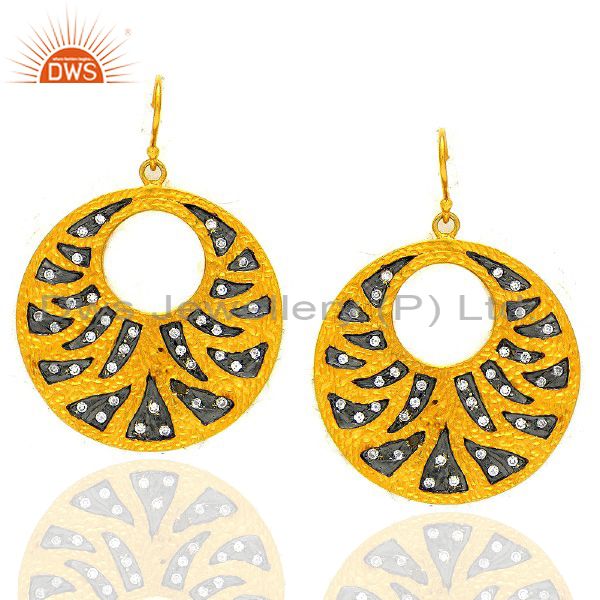 22K Yellow Gold Plated Cubic Zirconia Disc Designer Fashion Dangle Earrings