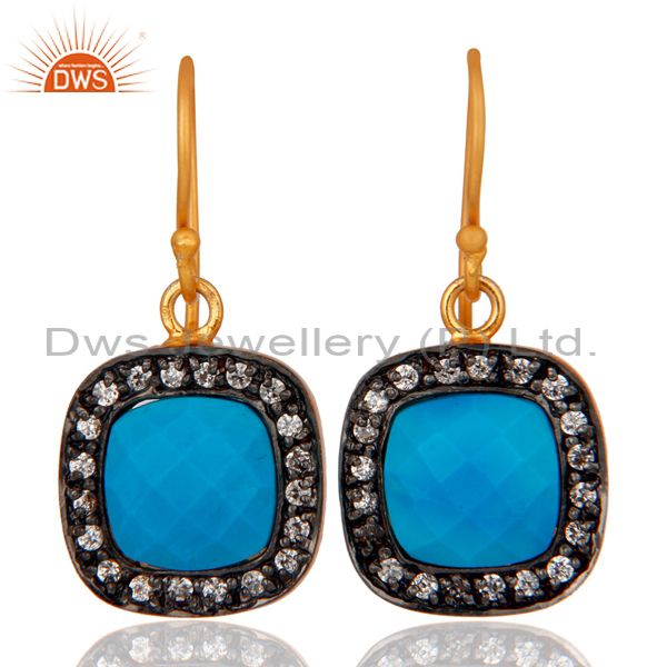Turquoise And White Zircon 18K Yellow Gold Plated Brass Fashion Earrings