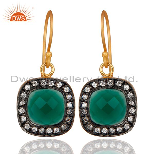 Faceted Green Onyx And CZ 18K Yellow Gold Plated Drop Earrings