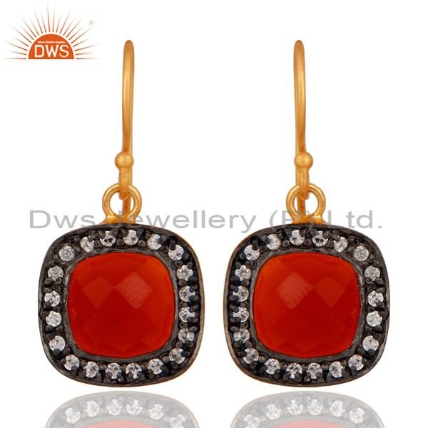 Red Onyx And Cubic Zirconia 18K Yellow Gold Plated Womens Fashion Earrings