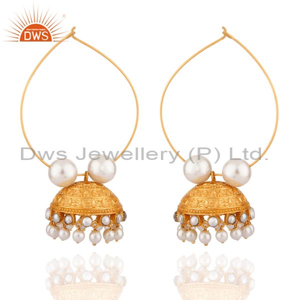 22K Yellow Gold Plated Brass Natural White Pearl Designer Jhumka Earrings