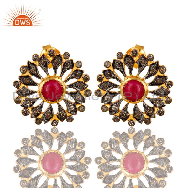18K Yellow Gold Sterling Silver Ruby And Pave Diamond Flower Stud Earrings