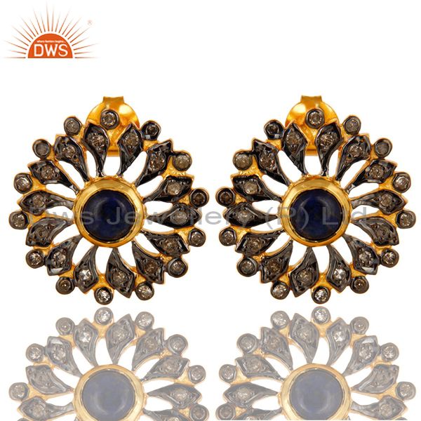 18K Gold Sterling Silver Blue Sapphire And Pave Diamond Flower Stud Earrings