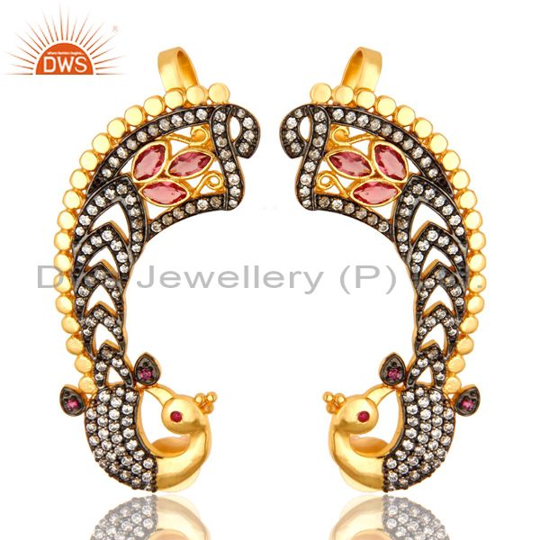 14K Yellow Gold Plated Brass CZ And Pink Glass Peacock Fashion Ear Cuff Earrings