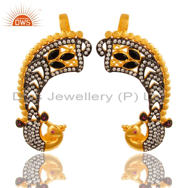 14K Yellow Gold Plated Black Onyx And CZ Peacock Fashion Ear Cuff Earrings