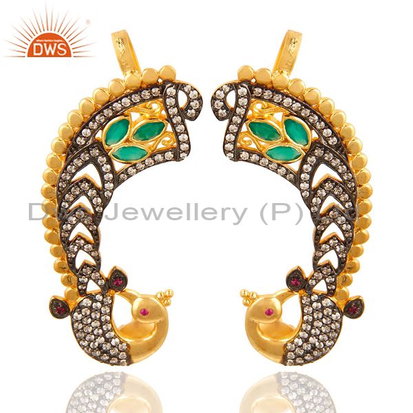 Designer 14K Yellow Gold Plated Green Onyx And CZ Fashion Ear Cuff Earrings