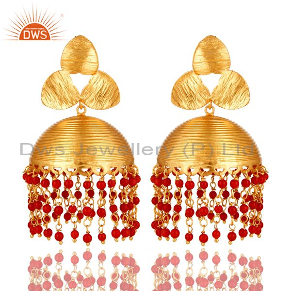 14k yellow gold plated red coral beads indian ethnic jhumka fashion earrings
