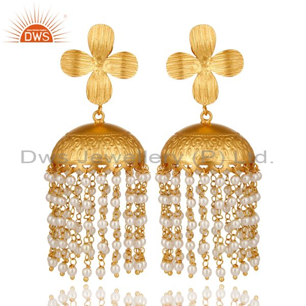 22K Yellow Gold Plated South Indian Fashion Jhumka Earrings With Pearl Beads