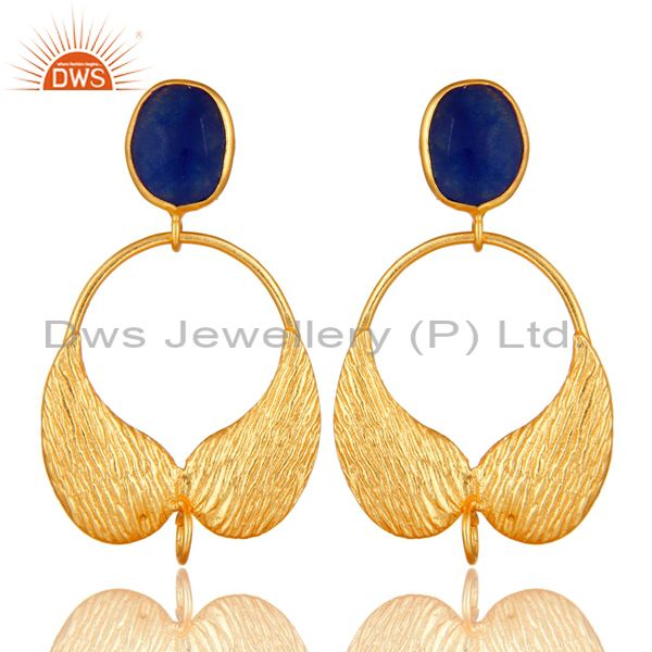 18K Gold Plated Brass Blue Aventurine Angel Wing Designer Dangle Post Finding